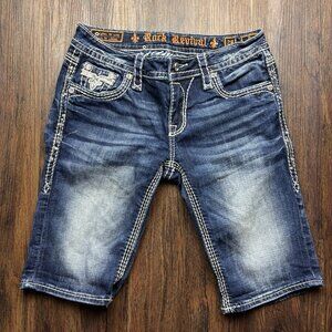 Rock Revival Betty Bermuda Jean Shorts Distressed Medium Wash Jeweled Size 28